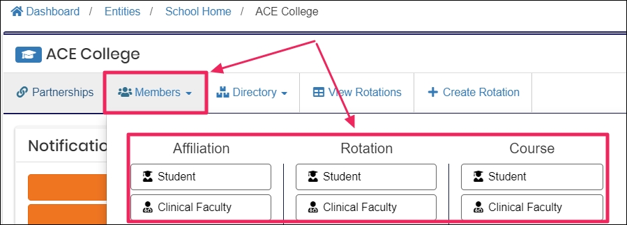 school home page highlighting Members dropdown and the members by Affiliation, Rotation, and Course buttons
