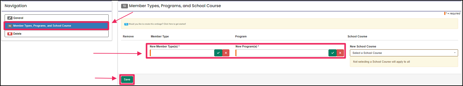 Image shows Member Types, Programs, and School Courses tab under Navigation box, New Member Types and New Programs boxes, and Save button.