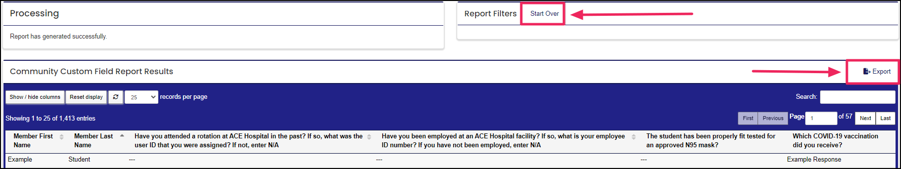 Image shows report results, export button, and start over button.