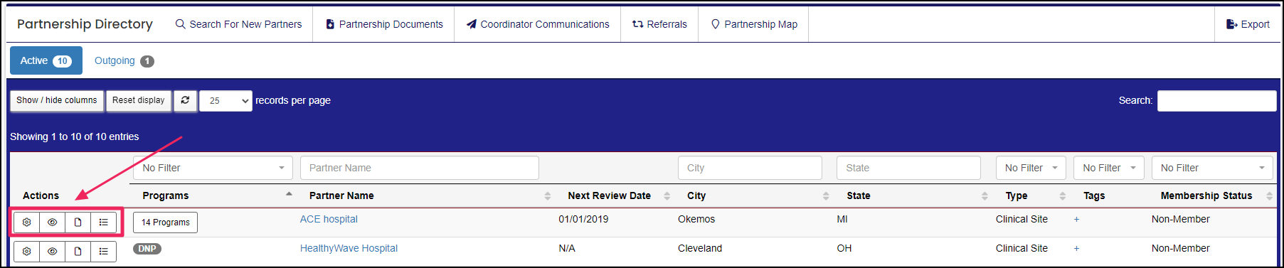 Image shows partnership directory buttons under actions column.
