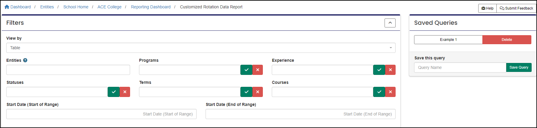 Image shows available filters for customized rotation data report.