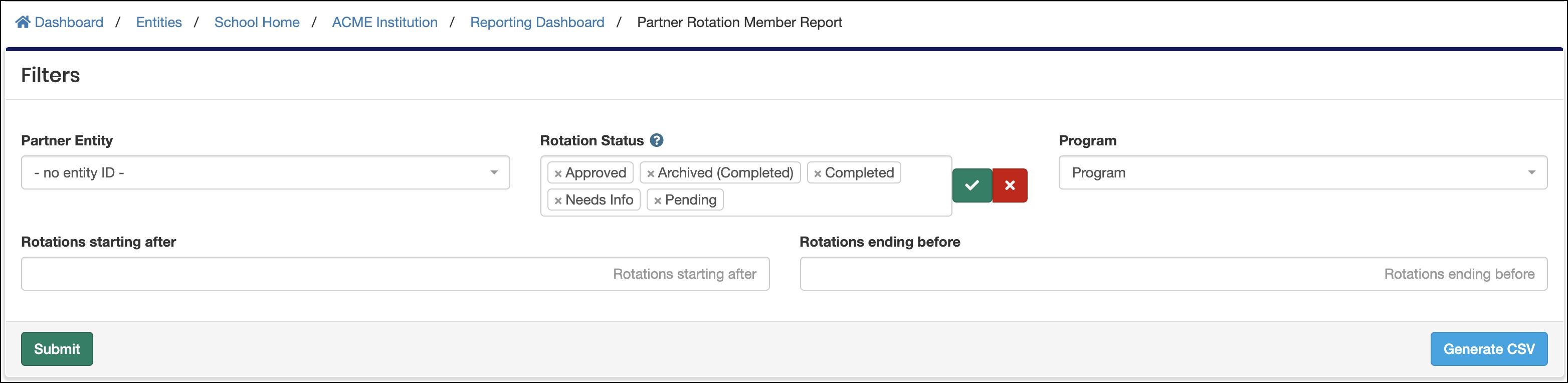 Partner Rotation Member Report filter options