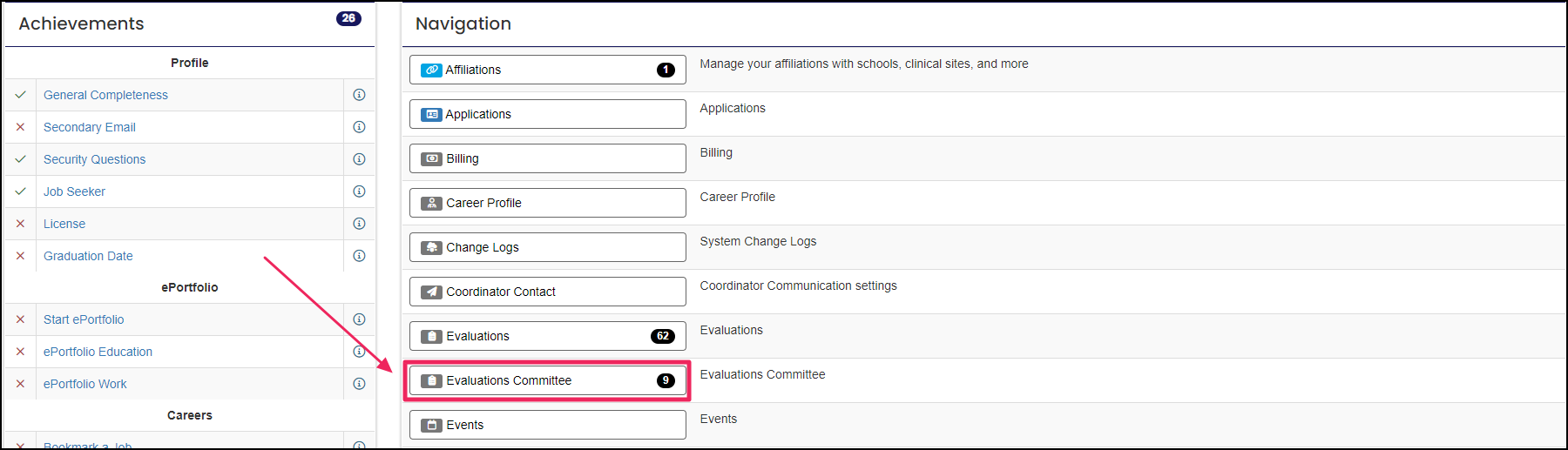 manage page highlighting the evaluations committee button.