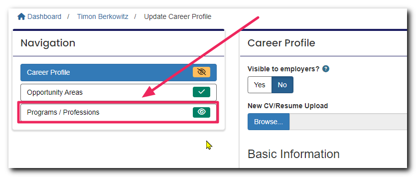 update career profile page highlighting Programs and Professions button in navigation panel