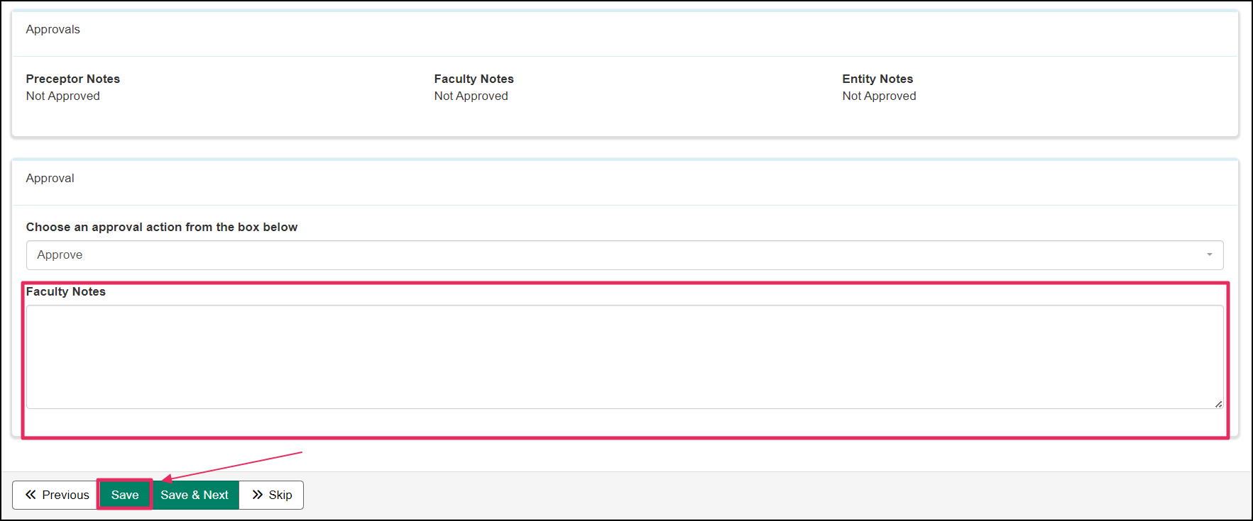 image bottom of Case Log highlighting Approval choices, notes field, and Save button