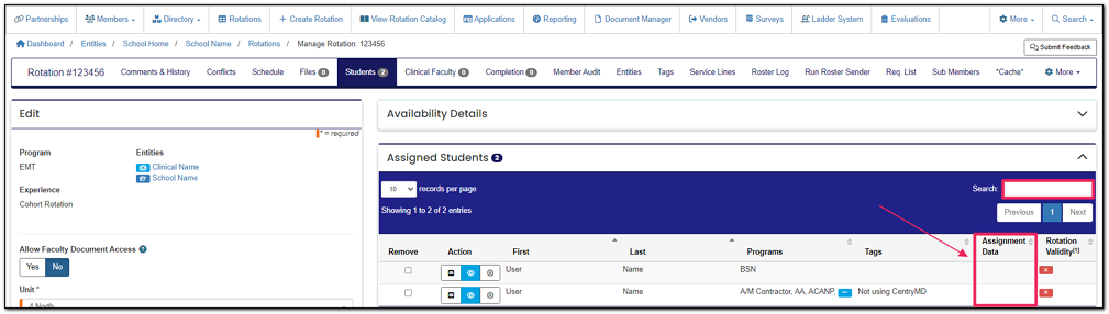 Edit rotation screen, with Student tab selected, showing available/assigned students, highlighting the Assignment Data column