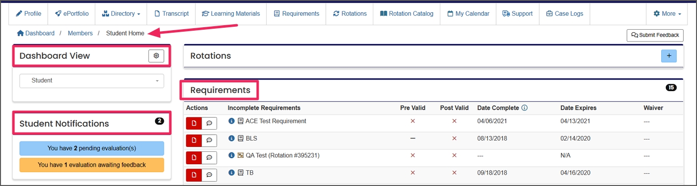image shows dashboard, student notifications and requirements on student home page