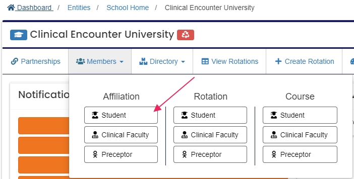 image student by affiliation table