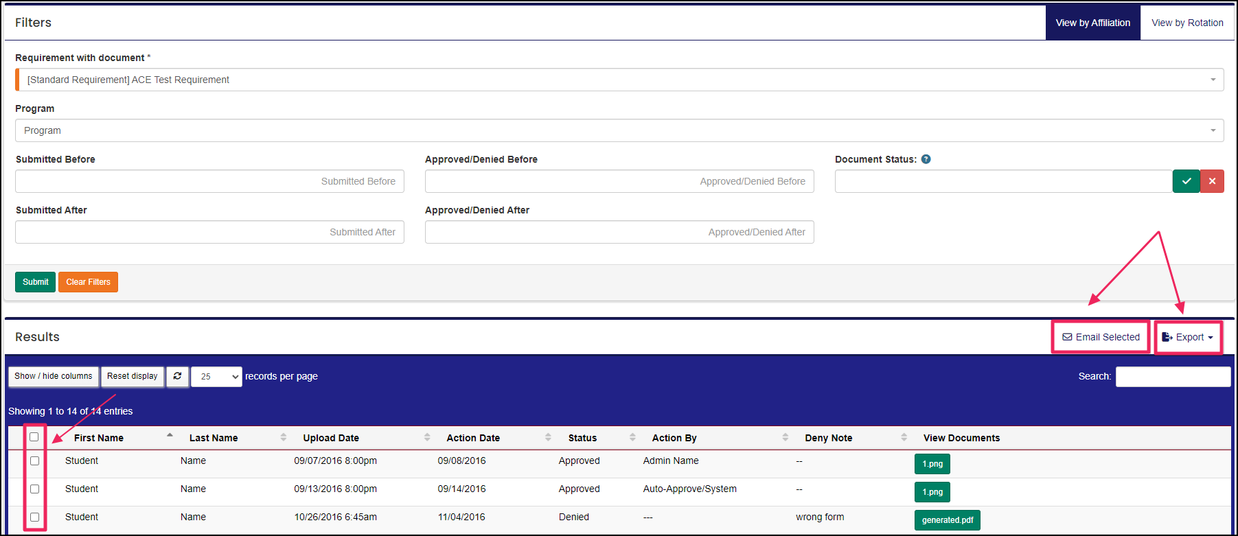 Image shows document status report highlighting email selected and export dropdown.
