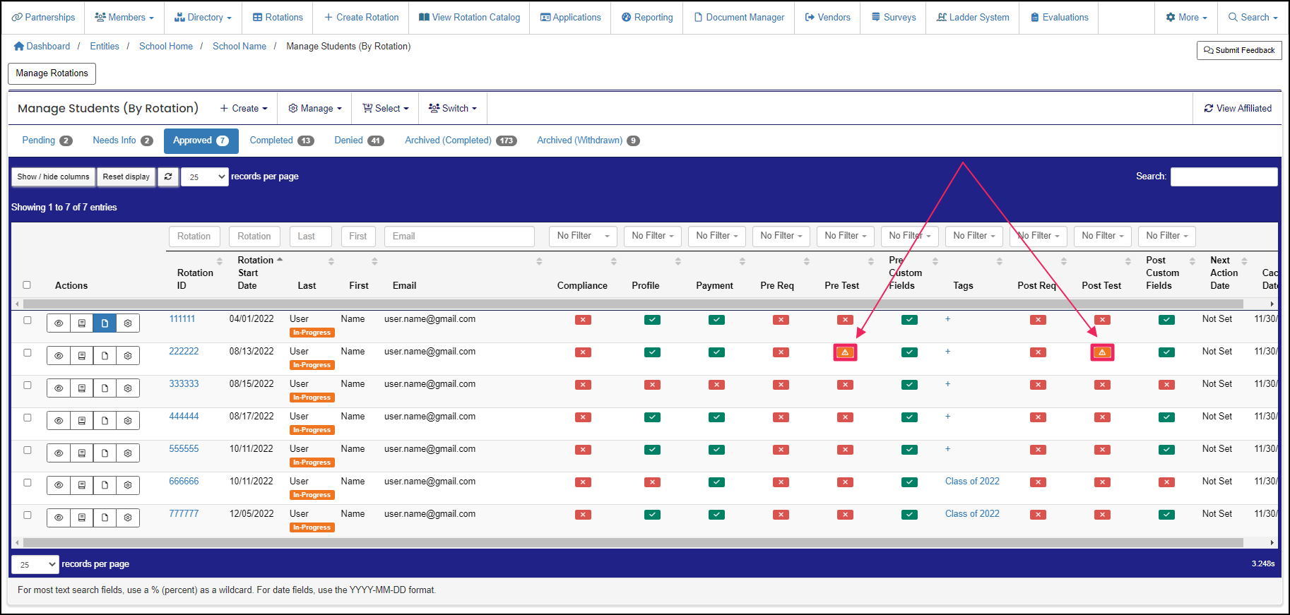 Manage members by rotation table highlighting expired compliance items