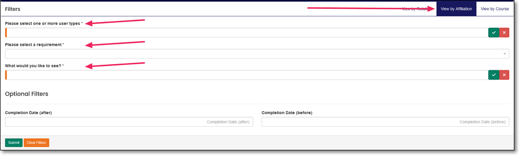 screenshot of Requirement Report filters highlighting View by Affiliation button and select user type filter, select requirement filter, and what you would like to see filter