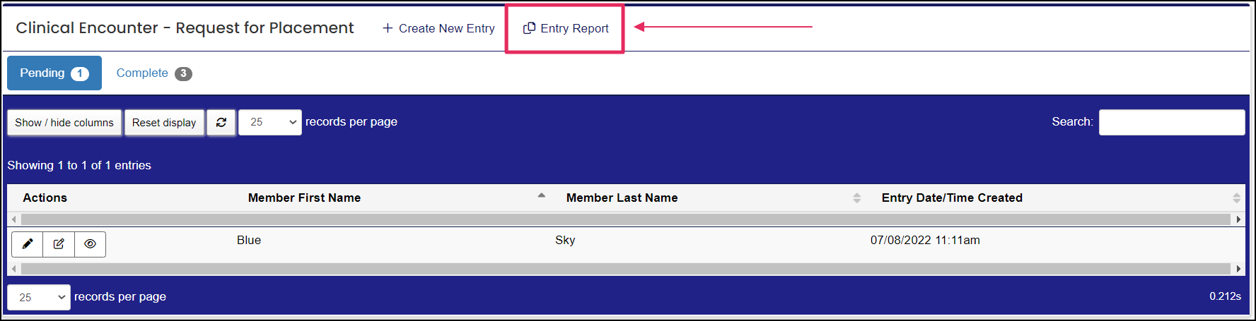 Entries table highlighting the entry report button