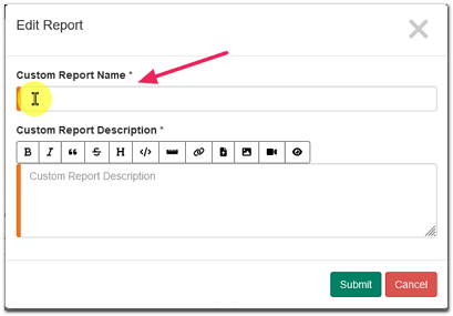 edit report screen highlighting Custom Report Name field