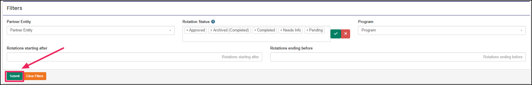 partner rotation report highlighting submit button
