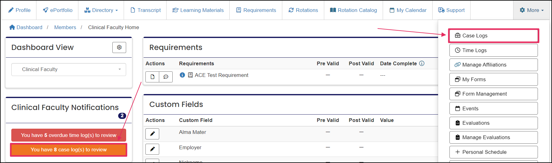 Image pointing to You have case log(s) to review notification under Faculty Notification section and Case Logs tab on features button