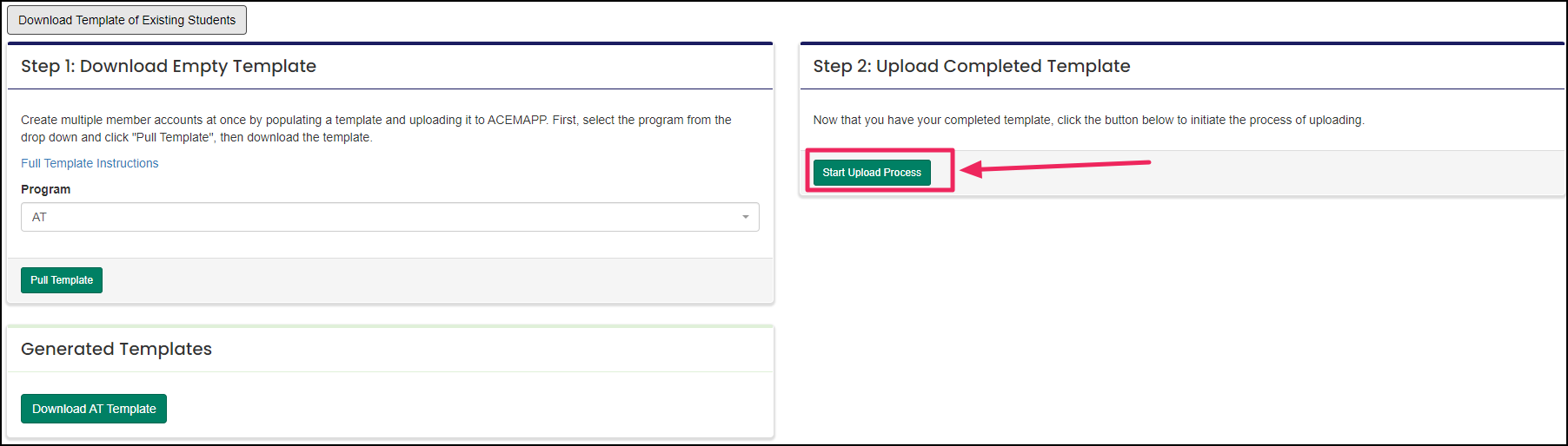 Image shows start upload process button.
