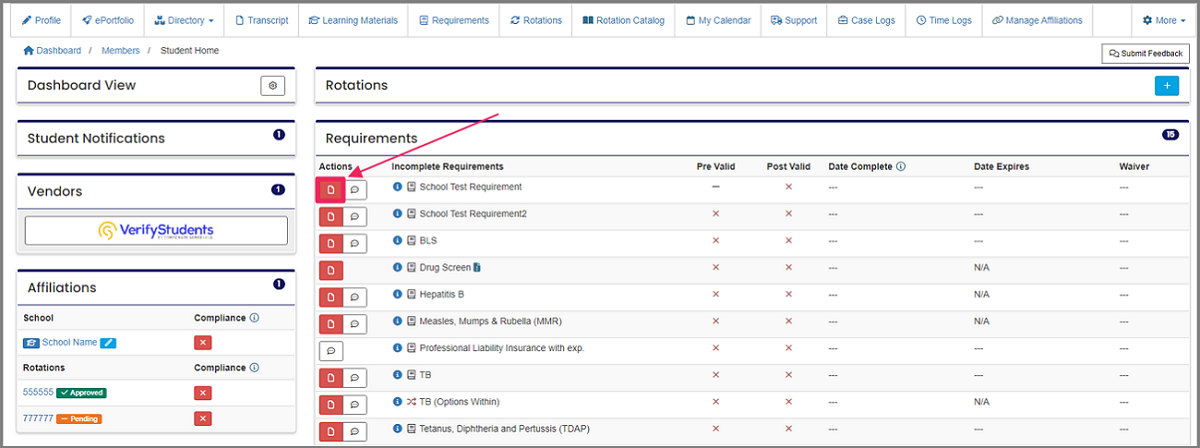 image shows manage requirement icon in the requirement table
