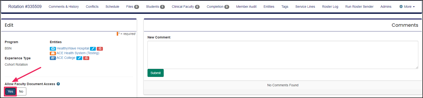 Image shows edit rotation page with an arrow pointing to faculty document access toggle.