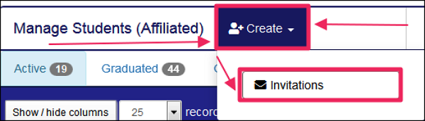 image screenshot highlighting Create Invitations menu items