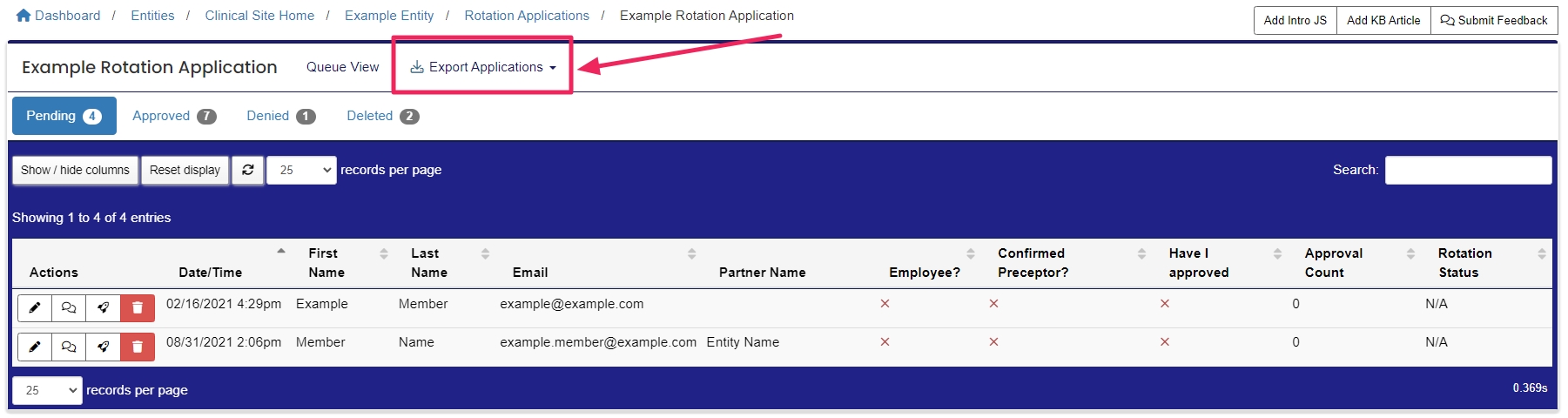 image Application List table highlighting Export Applications button