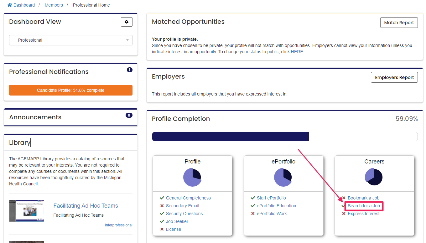 Image shows professional dashboard and Careers table to select Search Jobs