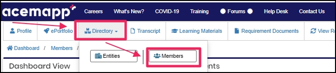 image shows directory tab and drop-down members tab