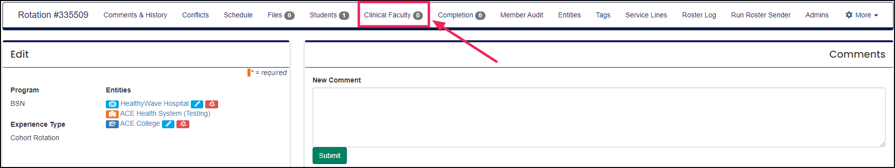 Image shows rotation edit page with an arrow pointing to faculty tab.