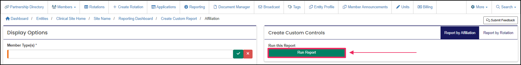 image of Run Report button in the Create Custom Controls panel