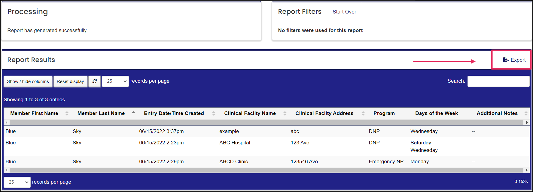 report results table highlighting export button