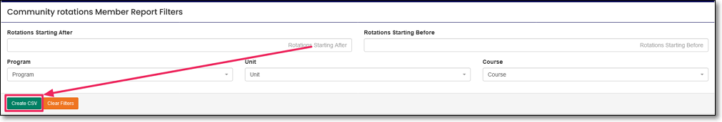 Commuity rotations member report filters section highlighting Create CSV button