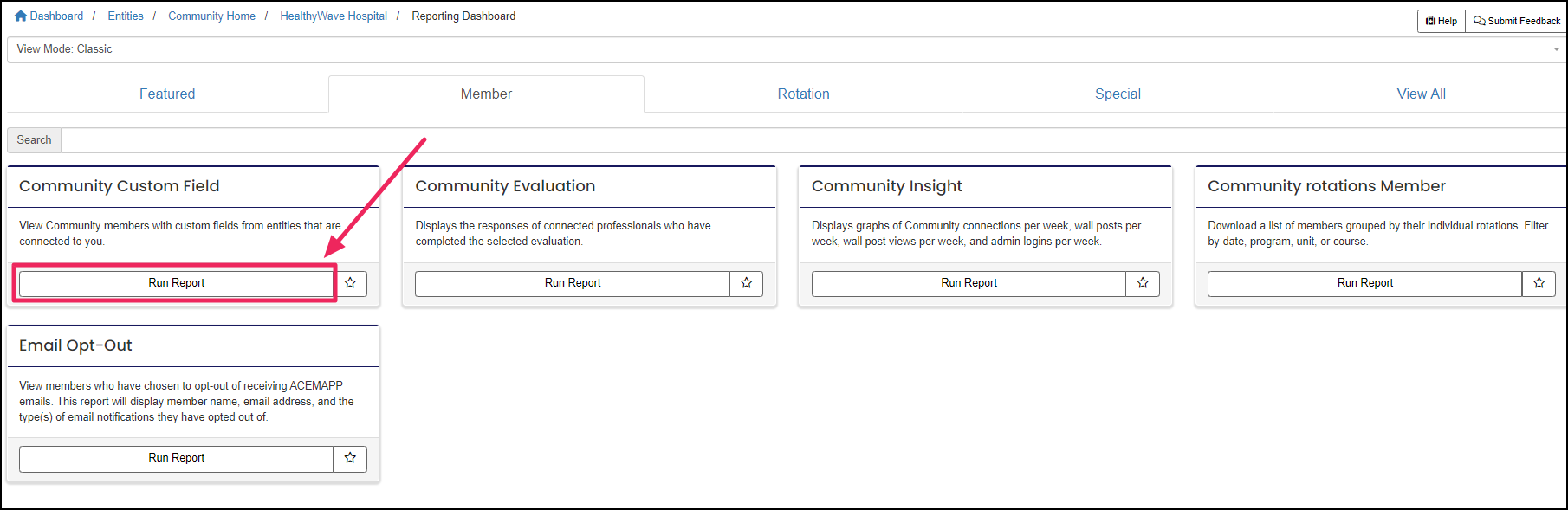 Image shows community custom field report under "Member."