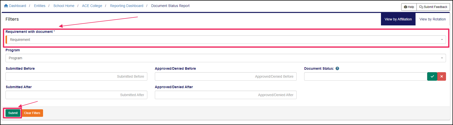 Image shows report filters including requirement with document filter and submit button.