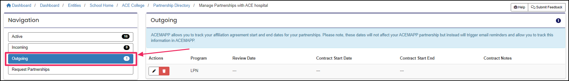 Image shows manage partnerships page highlighting the outgoing tab.
