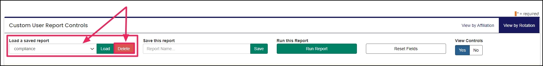 image showing arrows pointing to the delete button and the drop-down menu under the load a saved report field
