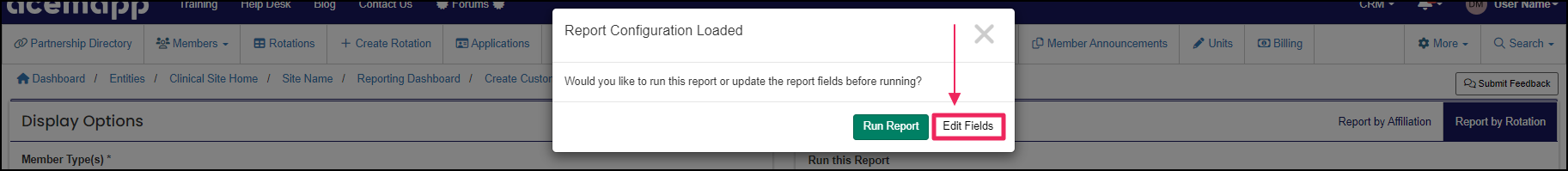 image shows edit field button from pop-up on saved report