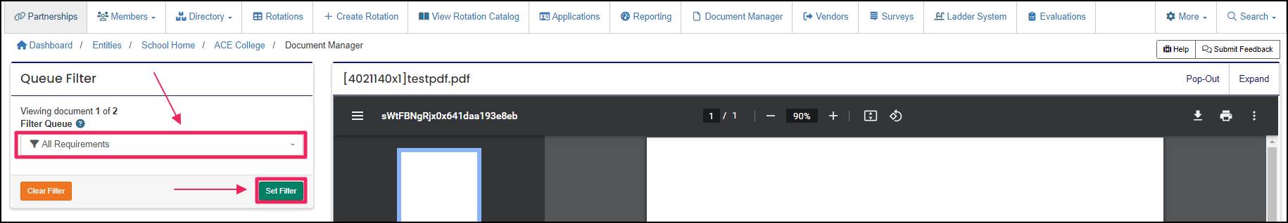 Image shows document queue requirement filter.