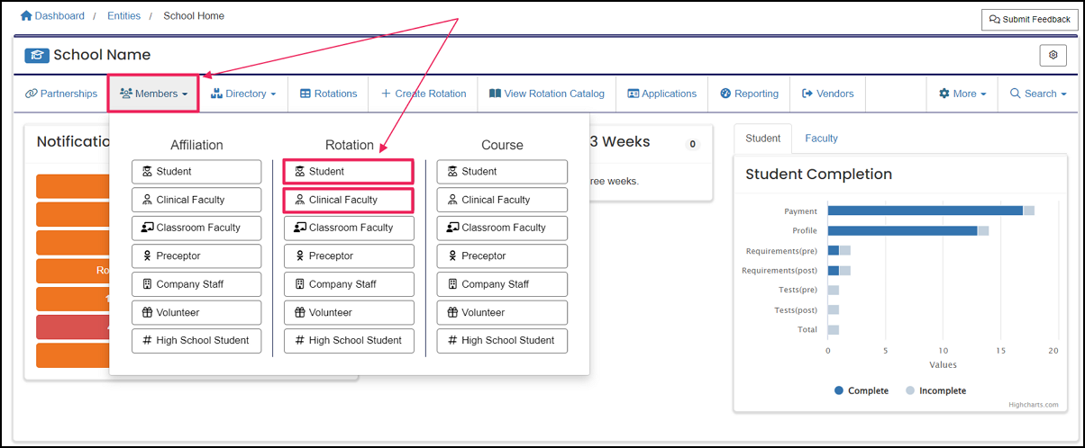 image user nav-bar highlighting members button and pointing to member types Student and Faculty