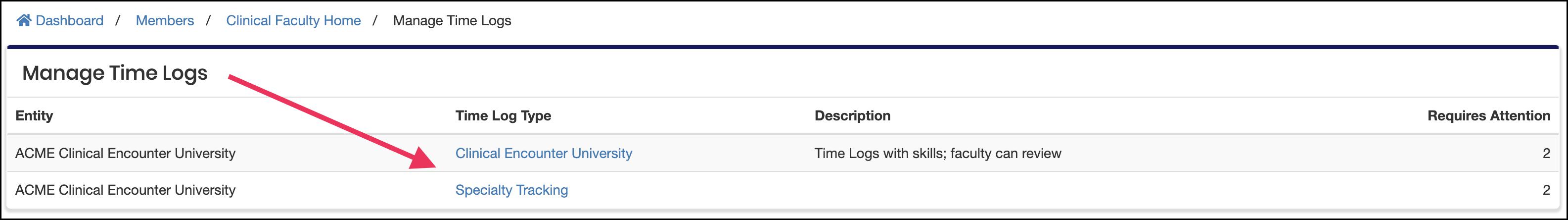 image Manage Time Logs table, pointing to Time Log type column