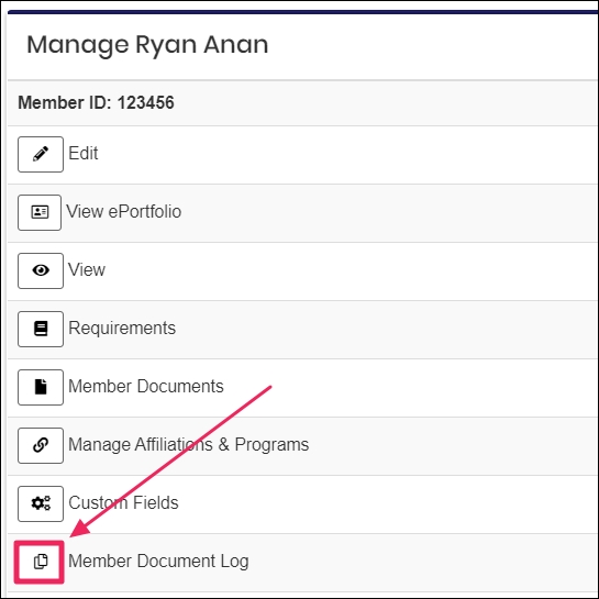 Arrow points to the "Member Document Log" button.