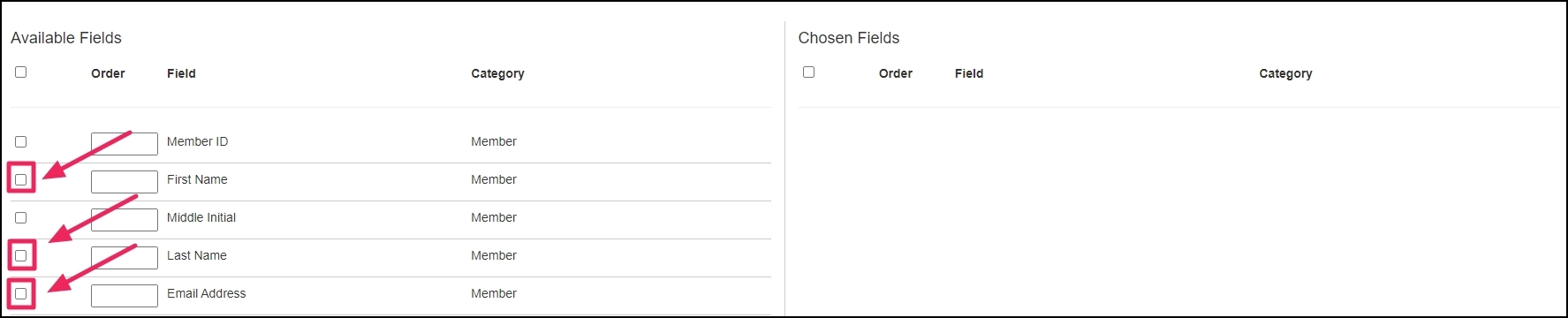 image partial list of fields available with arrows pointing to the checkbox next to each field