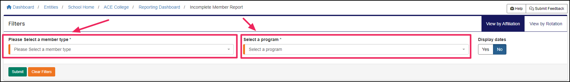 Image shows fields to select a member type and program for the incomplete member report.