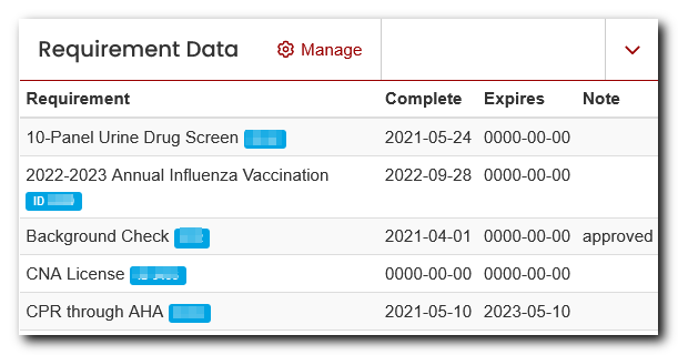 Tracker screen Requirement Data panel