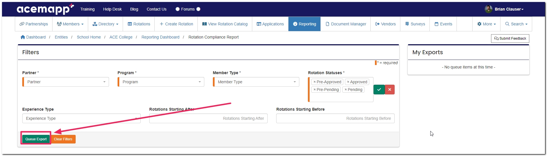 Rotation Compliance report filters panel highlighting Queue Export button