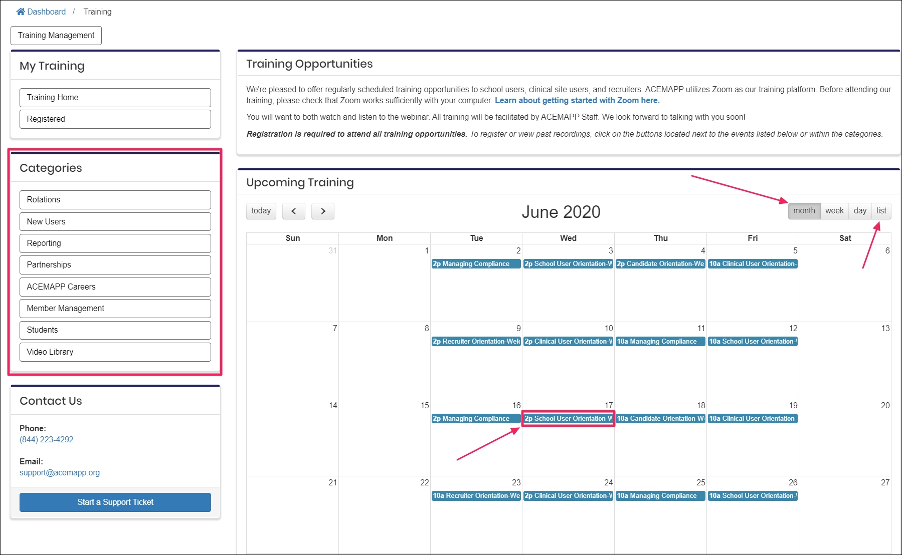 Image shows a calendar of training opportunities—arrows highlight filters for the month, week, day, and to view by list. A box highlights the categories on the left side of the screen. Another arrow and box highlight a specific training.