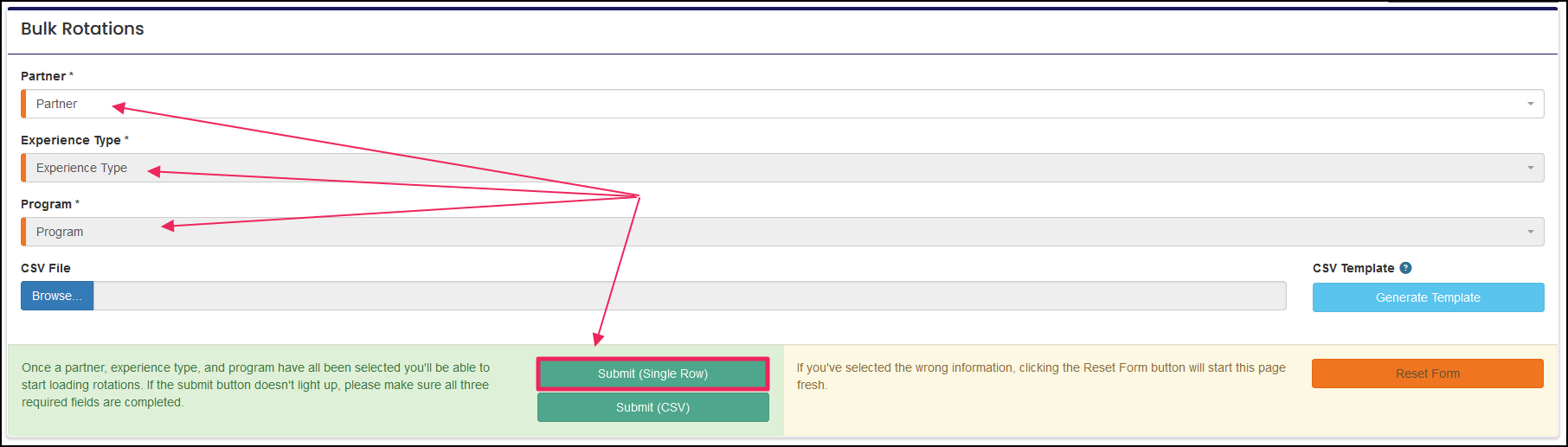 Bulk rotations form highlighting Partner, Experience Type, Program fields, and the "Submit (Single Row)" button