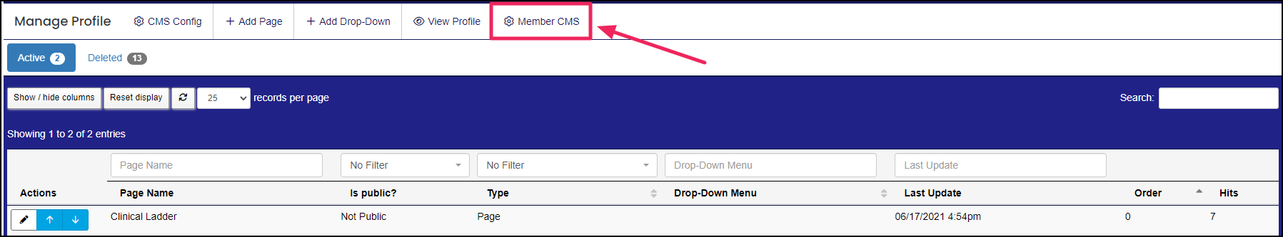 Image shows manage profile page with arrow pointing to Member CMS button.