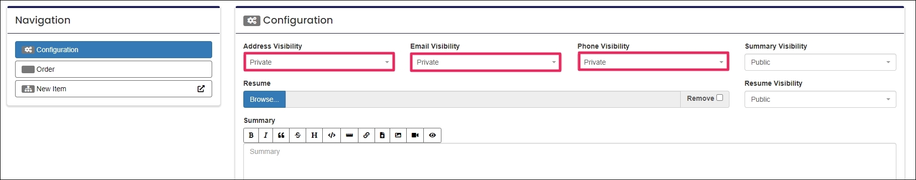 image showing arrows pointing to the various drop-down menus for privacy field settings