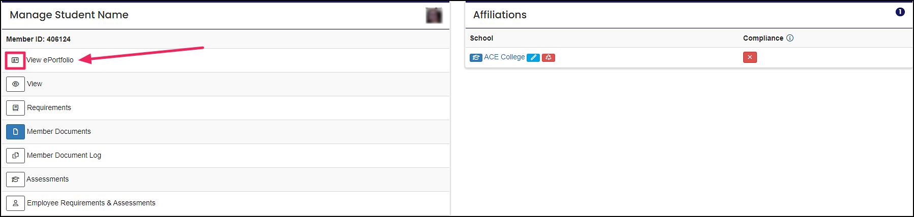 Manage individual member page highlighting View ePortfolio button