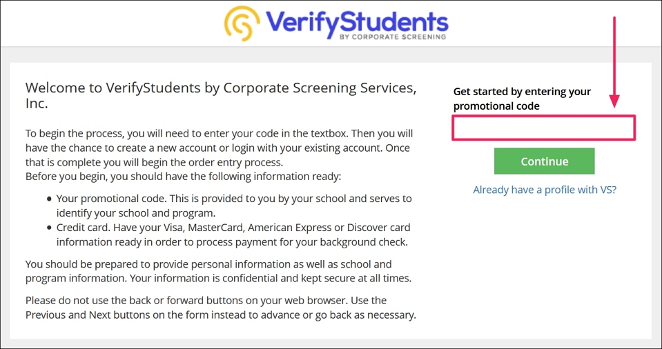 Verify Student's page highlighting promo code field