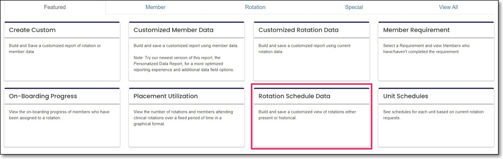 Reporting Dashboard highlighting Rotation Schedule Data report tile